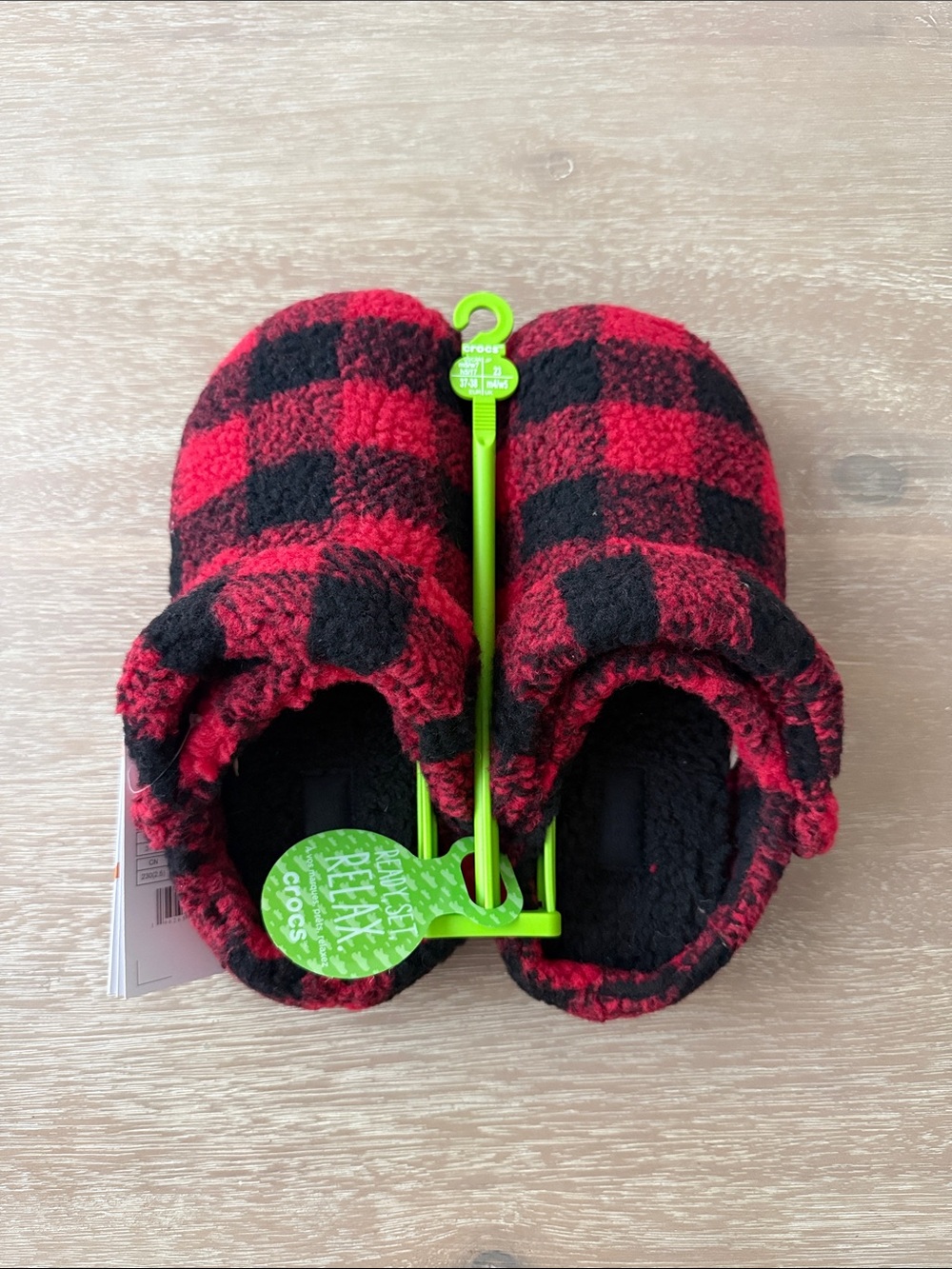 CROCS Red and Black Buffalo Plaid Fuzzy Slip-On Slippers